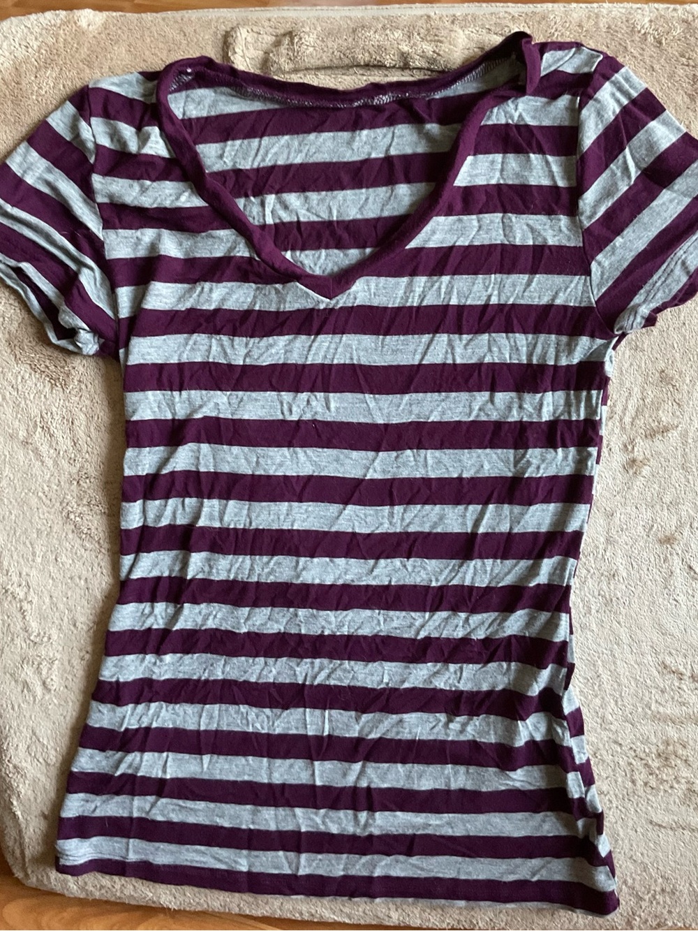 Women's Striped V-Neck Tee in Purple and Gray XS